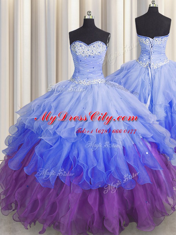 Cute Organza Sleeveless Floor Length 15 Quinceanera Dress and Beading and Ruffles and Ruffled Layers and Sequins