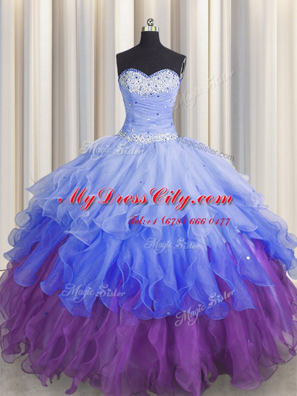 Cute Organza Sleeveless Floor Length 15 Quinceanera Dress and Beading and Ruffles and Ruffled Layers and Sequins