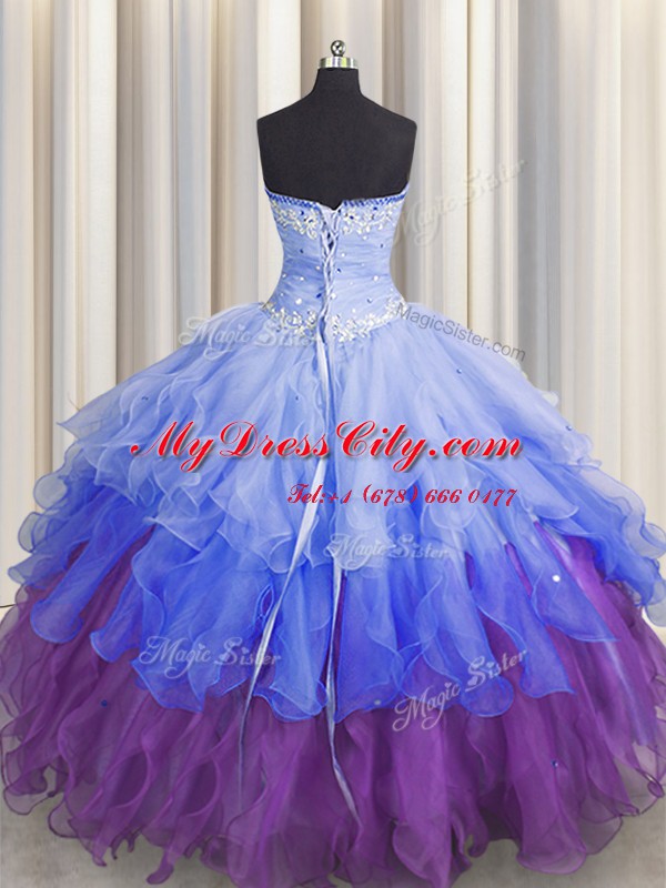 Cute Organza Sleeveless Floor Length 15 Quinceanera Dress and Beading and Ruffles and Ruffled Layers and Sequins