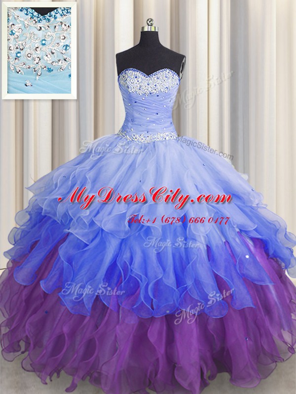 Cute Organza Sleeveless Floor Length 15 Quinceanera Dress and Beading and Ruffles and Ruffled Layers and Sequins