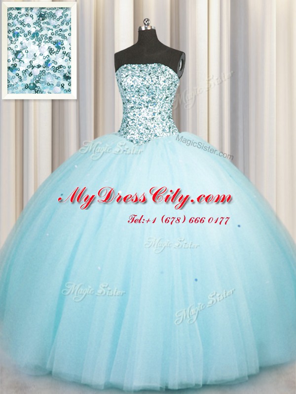 Really Puffy Strapless Sleeveless Tulle Sweet 16 Dress Beading and Sequins Lace Up