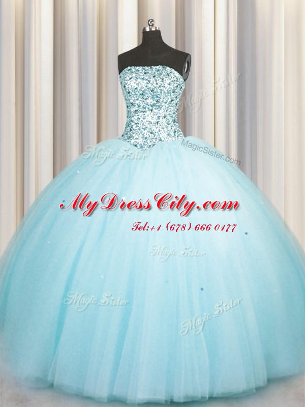 Really Puffy Strapless Sleeveless Tulle Sweet 16 Dress Beading and Sequins Lace Up