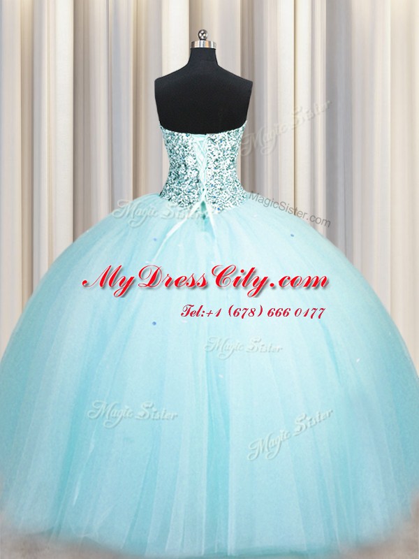 Really Puffy Strapless Sleeveless Tulle Sweet 16 Dress Beading and Sequins Lace Up