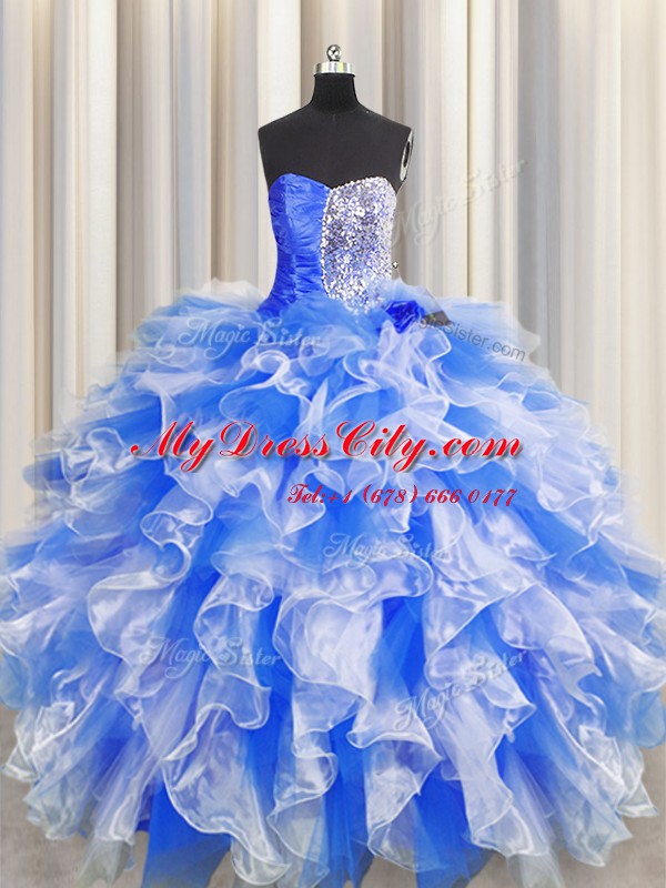 Chic Floor Length Blue And White Sweet 16 Dresses Organza Sleeveless Beading and Ruffles and Ruching