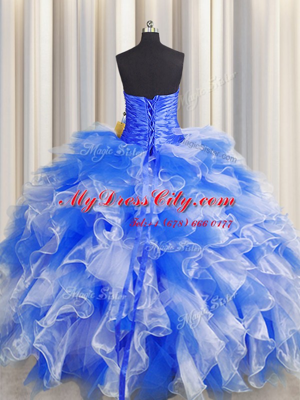 Chic Floor Length Blue And White Sweet 16 Dresses Organza Sleeveless Beading and Ruffles and Ruching