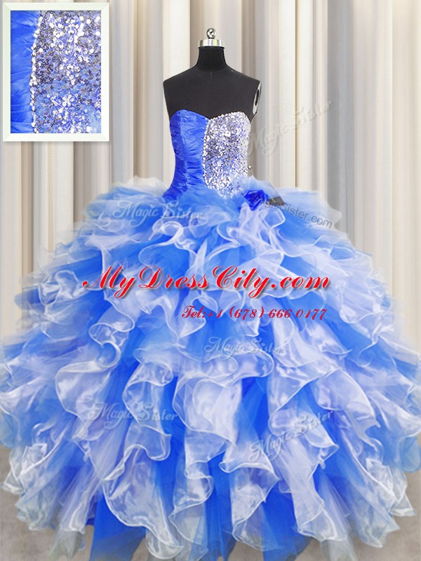 Chic Floor Length Blue And White Sweet 16 Dresses Organza Sleeveless Beading and Ruffles and Ruching