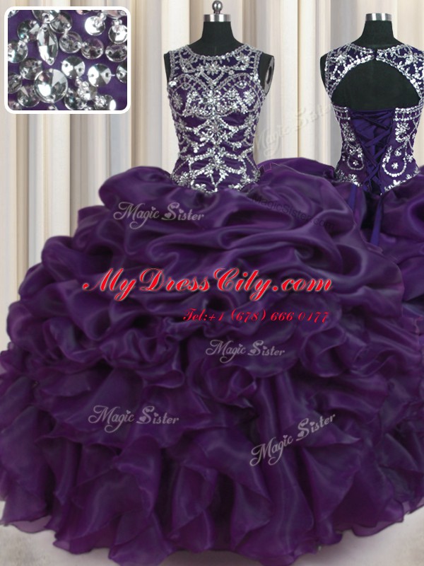 New Style Dark Purple Scoop Neckline Beading and Pick Ups 15 Quinceanera Dress Sleeveless Lace Up