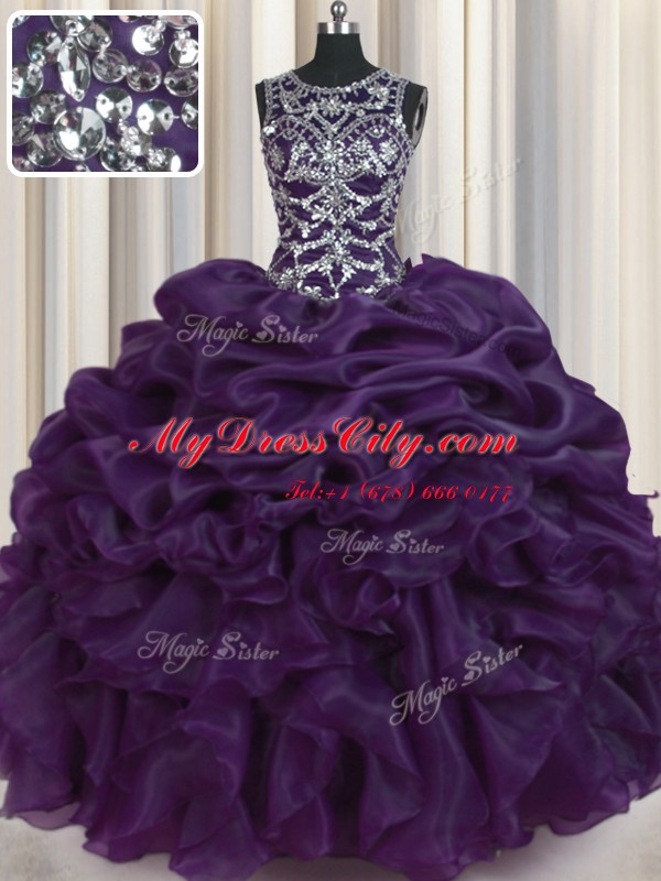 New Style Dark Purple Scoop Neckline Beading and Pick Ups 15 Quinceanera Dress Sleeveless Lace Up