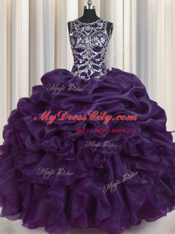 New Style Dark Purple Scoop Neckline Beading and Pick Ups 15 Quinceanera Dress Sleeveless Lace Up