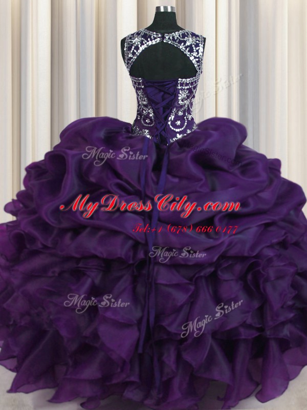 New Style Dark Purple Scoop Neckline Beading and Pick Ups 15 Quinceanera Dress Sleeveless Lace Up