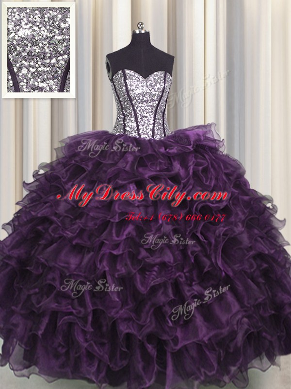 Hot Sale Visible Boning Organza and Sequined Sleeveless Floor Length Quinceanera Gowns and Ruffles and Sequins