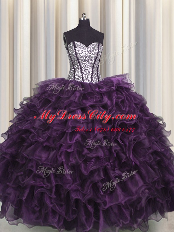 Hot Sale Visible Boning Organza and Sequined Sleeveless Floor Length Quinceanera Gowns and Ruffles and Sequins