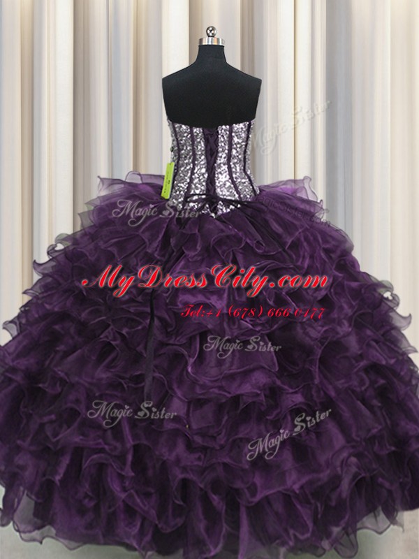 Hot Sale Visible Boning Organza and Sequined Sleeveless Floor Length Quinceanera Gowns and Ruffles and Sequins