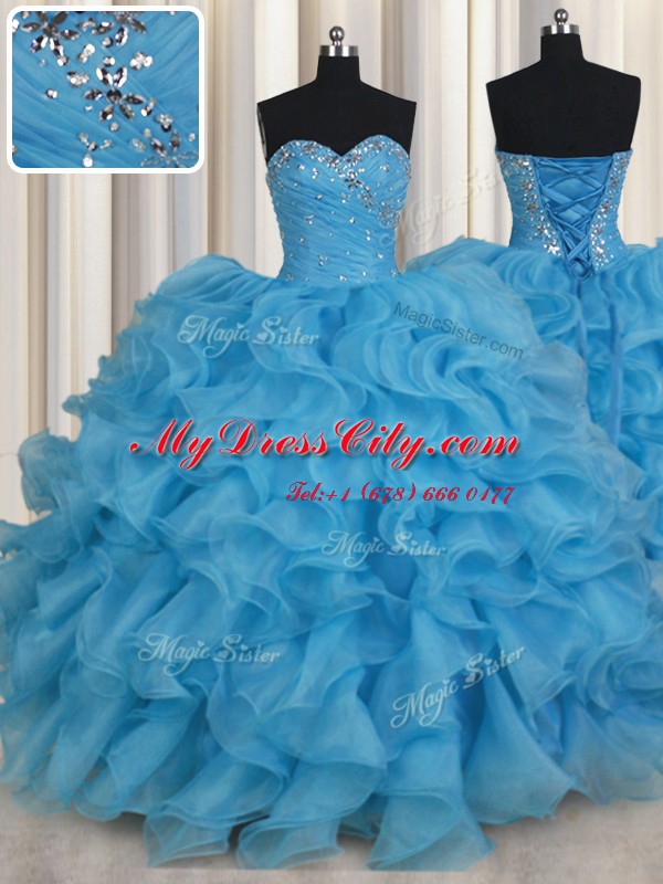 Modern Baby Blue Organza Lace Up 15 Quinceanera Dress Sleeveless Floor Length Beading and Ruffles