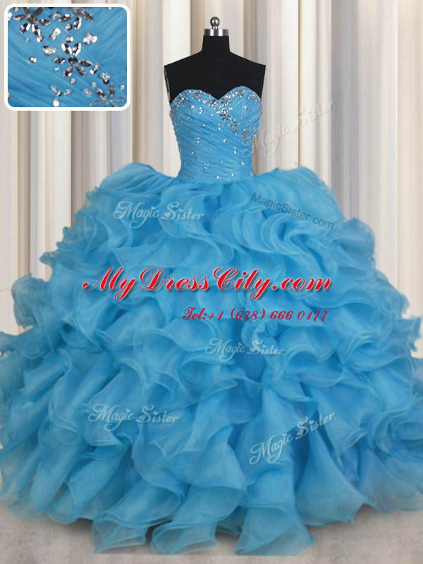 Modern Baby Blue Organza Lace Up 15 Quinceanera Dress Sleeveless Floor Length Beading and Ruffles