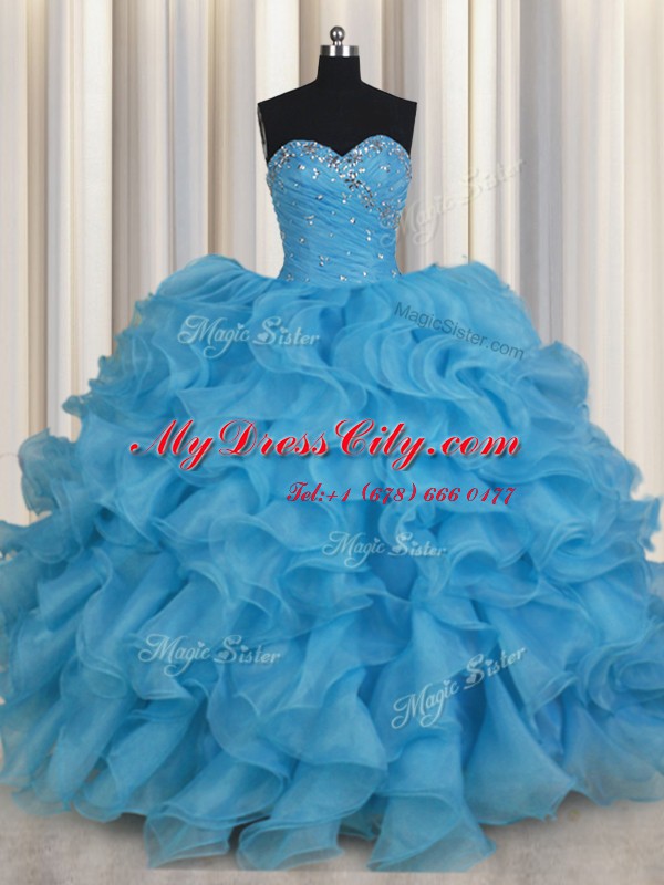 Modern Baby Blue Organza Lace Up 15 Quinceanera Dress Sleeveless Floor Length Beading and Ruffles