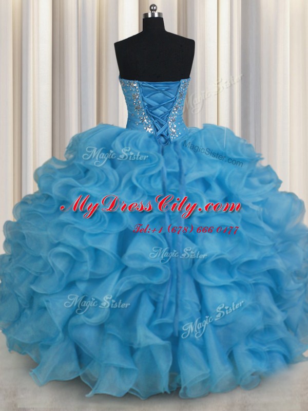 Modern Baby Blue Organza Lace Up 15 Quinceanera Dress Sleeveless Floor Length Beading and Ruffles