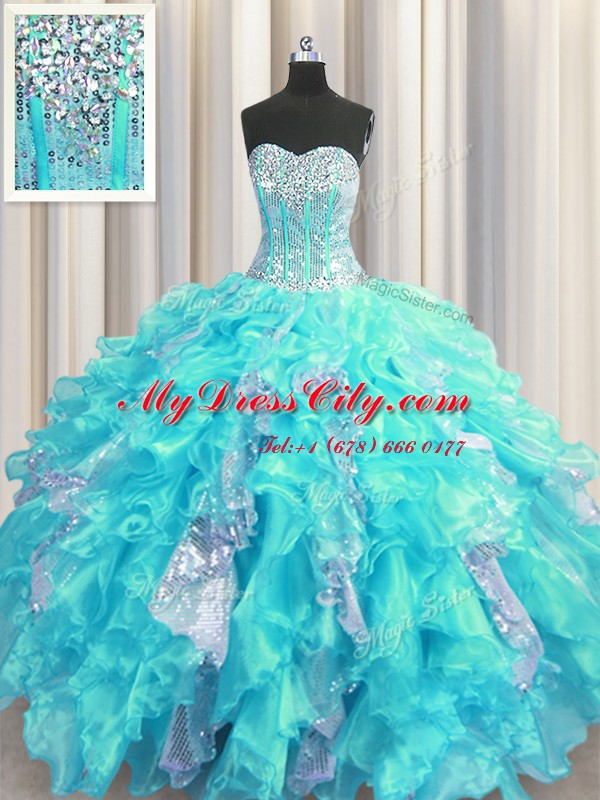 Visible Boning Aqua Blue Sweetheart Neckline Beading and Ruffles and Sequins Sweet 16 Dresses Sleeveless Lace Up