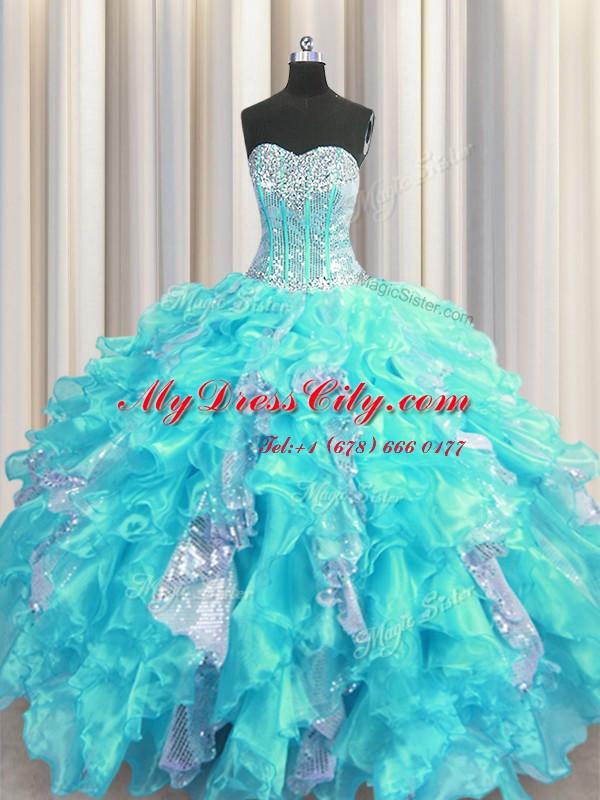 Visible Boning Aqua Blue Sweetheart Neckline Beading and Ruffles and Sequins Sweet 16 Dresses Sleeveless Lace Up