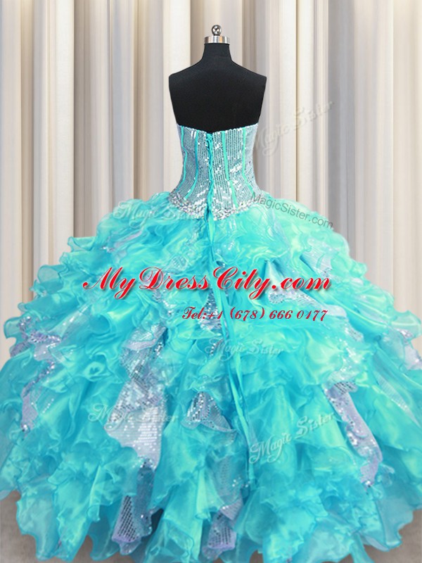 Visible Boning Aqua Blue Sweetheart Neckline Beading and Ruffles and Sequins Sweet 16 Dresses Sleeveless Lace Up