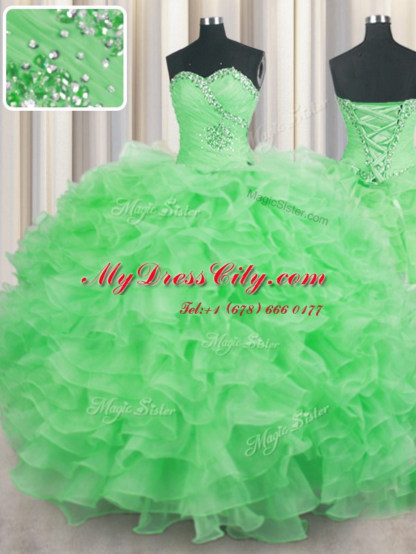 Luxury Sleeveless Lace Up Floor Length Beading and Ruffles Quinceanera Gowns