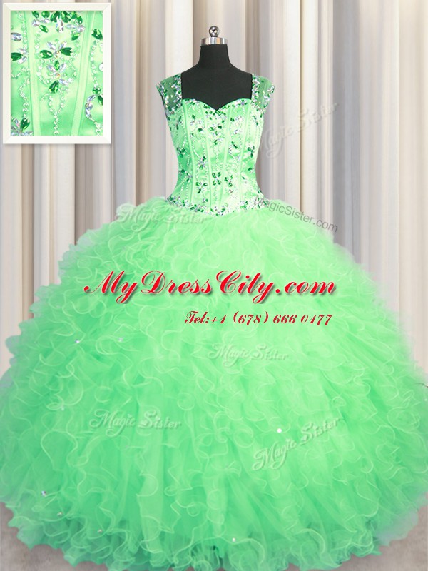 See Through Zipper Up Tulle Sleeveless Floor Length Quinceanera Dresses and Beading and Ruffles