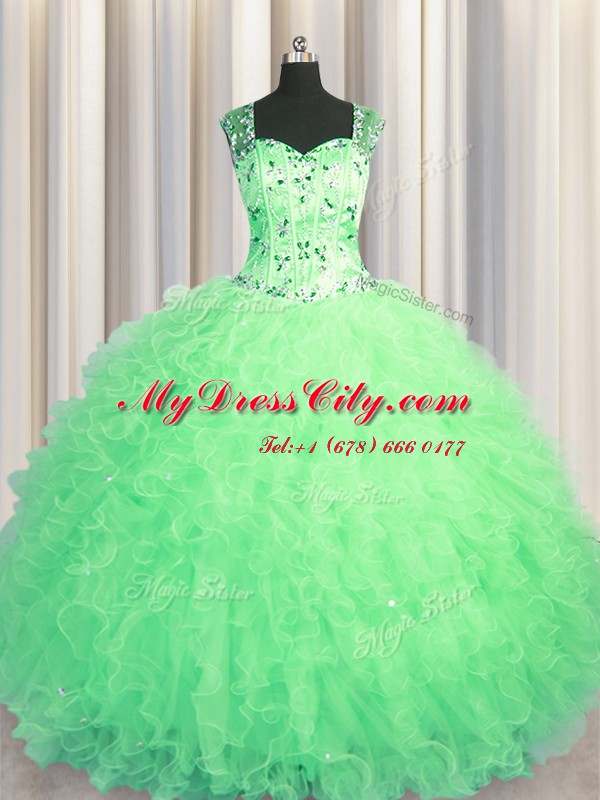 See Through Zipper Up Tulle Sleeveless Floor Length Quinceanera Dresses and Beading and Ruffles