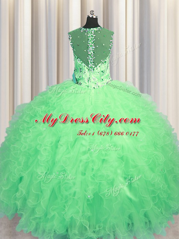 See Through Zipper Up Tulle Sleeveless Floor Length Quinceanera Dresses and Beading and Ruffles