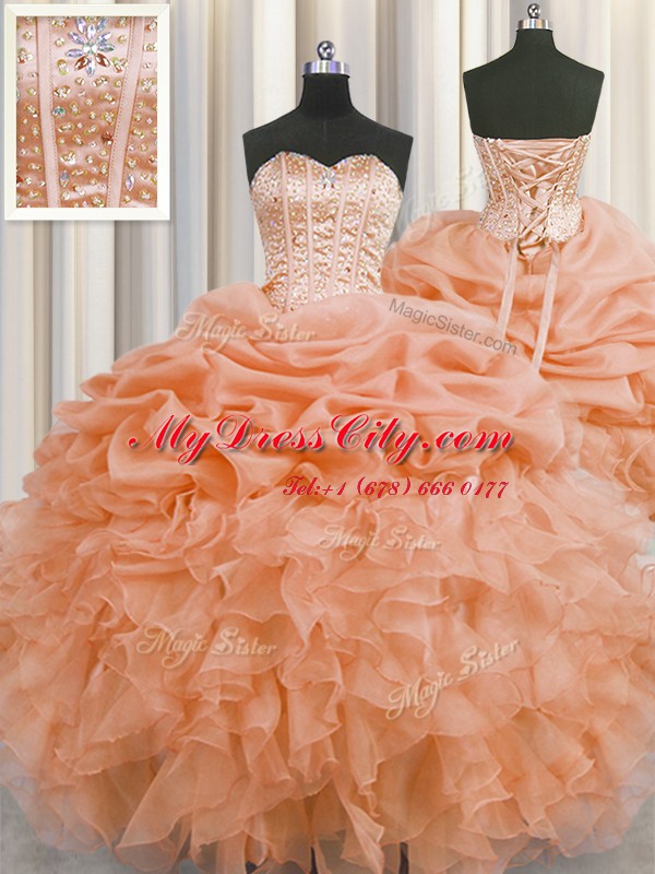 Ideal Visible Boning Orange Organza Lace Up Quinceanera Gowns Sleeveless Floor Length Beading and Ruffles and Pick Ups