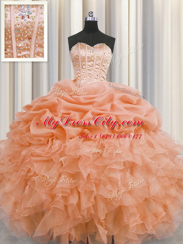 Ideal Visible Boning Orange Organza Lace Up Quinceanera Gowns Sleeveless Floor Length Beading and Ruffles and Pick Ups