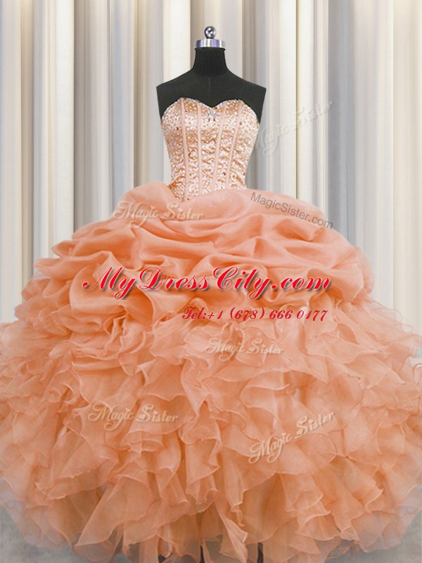 Ideal Visible Boning Orange Organza Lace Up Quinceanera Gowns Sleeveless Floor Length Beading and Ruffles and Pick Ups