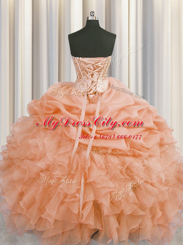 Ideal Visible Boning Orange Organza Lace Up Quinceanera Gowns Sleeveless Floor Length Beading and Ruffles and Pick Ups