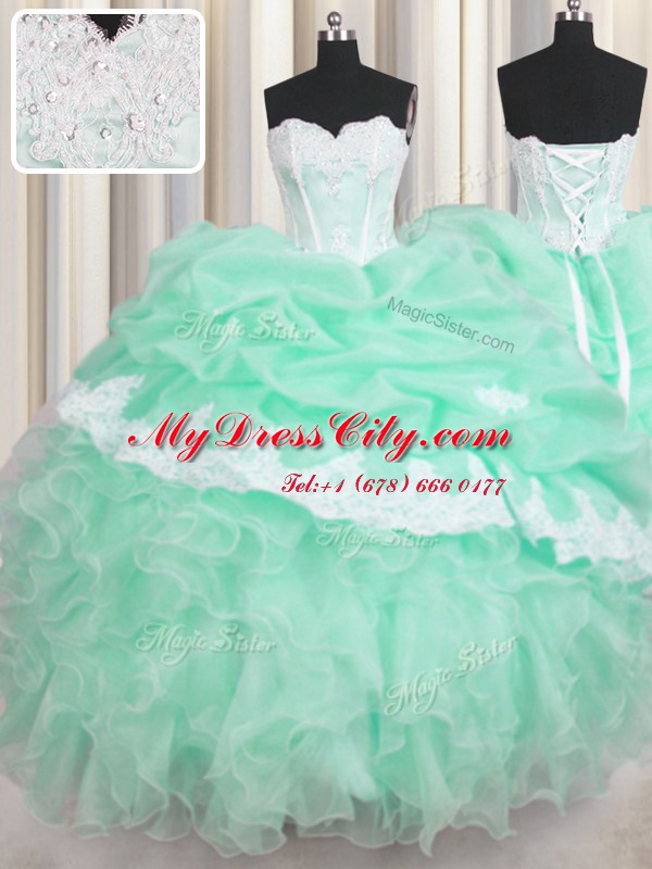 Customized Apple Green Organza Lace Up Quince Ball Gowns Sleeveless Floor Length Beading and Ruffles and Pick Ups