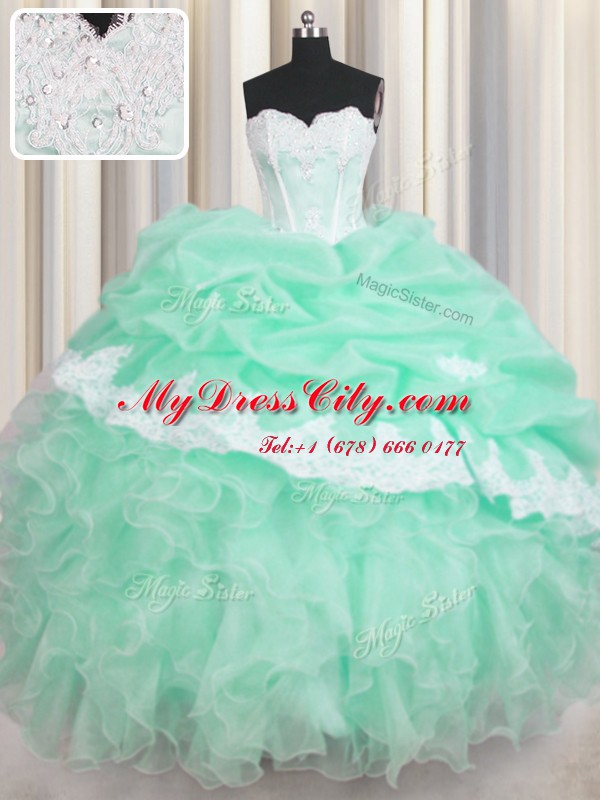 Customized Apple Green Organza Lace Up Quince Ball Gowns Sleeveless Floor Length Beading and Ruffles and Pick Ups