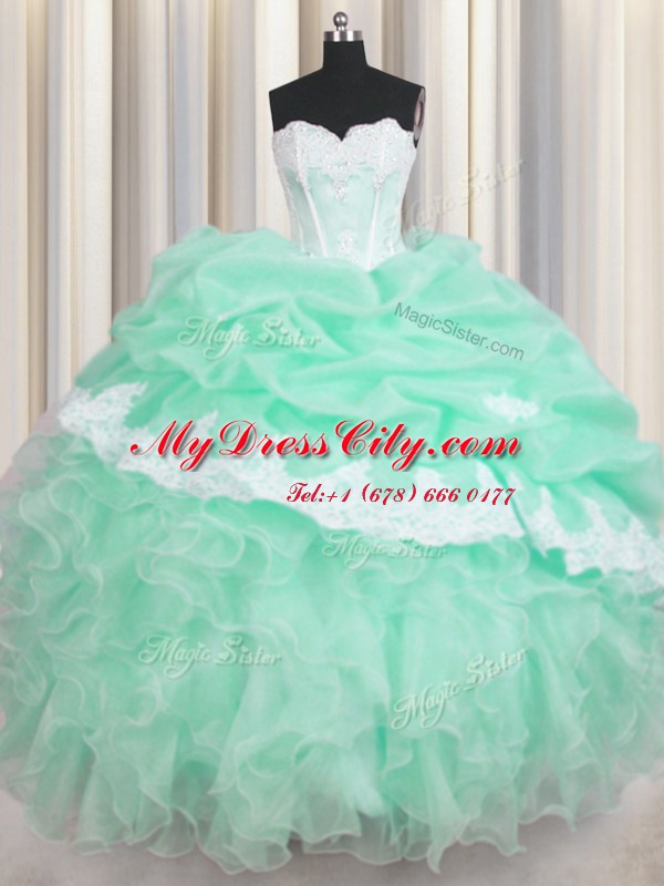 Customized Apple Green Organza Lace Up Quince Ball Gowns Sleeveless Floor Length Beading and Ruffles and Pick Ups