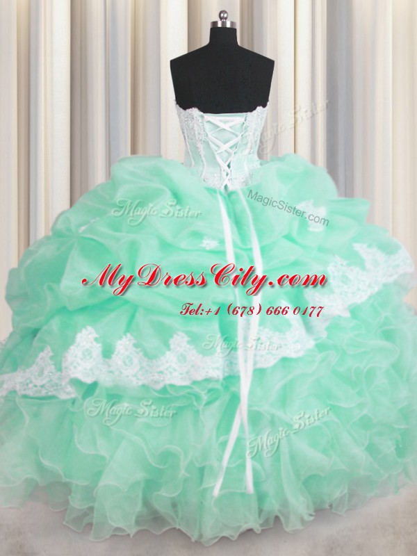 Customized Apple Green Organza Lace Up Quince Ball Gowns Sleeveless Floor Length Beading and Ruffles and Pick Ups