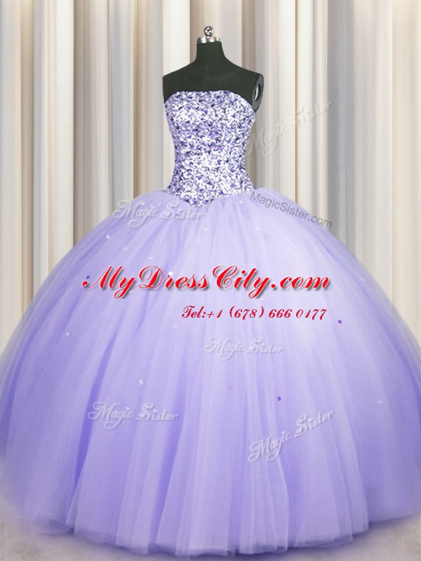 Free and Easy Puffy Skirt Strapless Sleeveless Tulle Ball Gown Prom Dress Beading and Sequins Lace Up