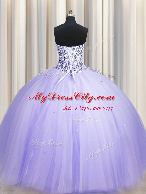 Free and Easy Puffy Skirt Strapless Sleeveless Tulle Ball Gown Prom Dress Beading and Sequins Lace Up