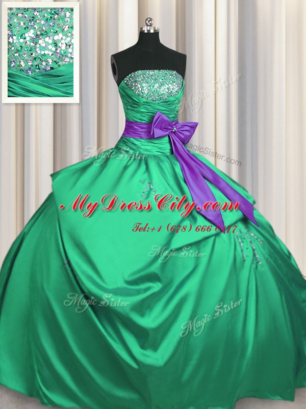 Green Ball Gowns Strapless Sleeveless Satin Floor Length Lace Up Beading and Pick Ups and Bowknot Quinceanera Gowns