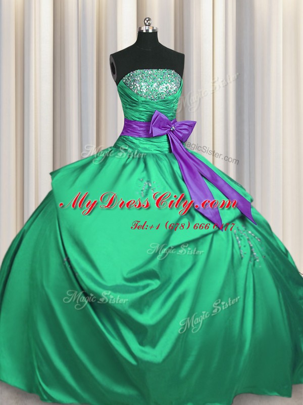 Green Ball Gowns Strapless Sleeveless Satin Floor Length Lace Up Beading and Pick Ups and Bowknot Quinceanera Gowns