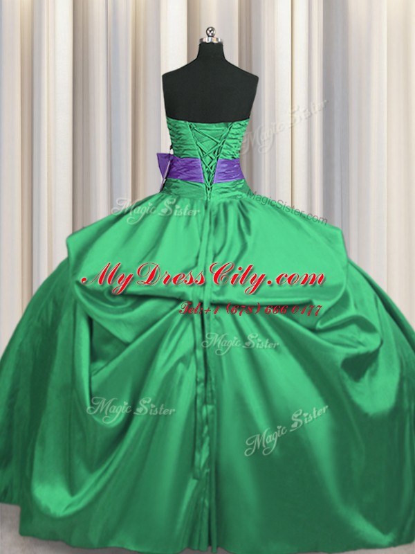 Green Ball Gowns Strapless Sleeveless Satin Floor Length Lace Up Beading and Pick Ups and Bowknot Quinceanera Gowns