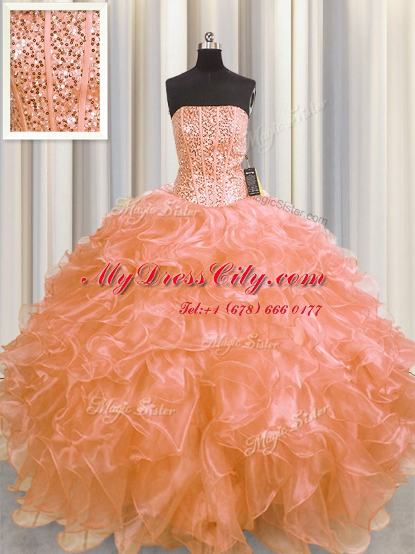 Adorable Visible Boning Orange Ball Gowns Beading and Ruffles Vestidos de Quinceanera Lace Up Organza Sleeveless Floor Length