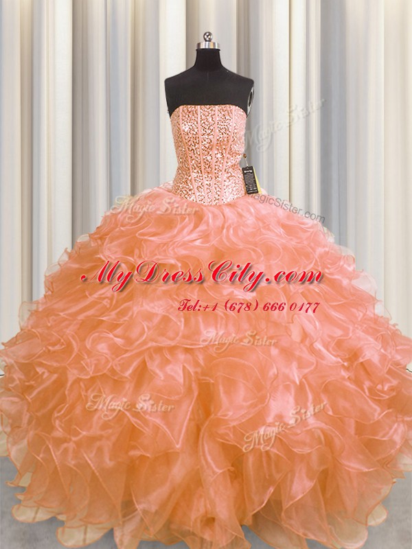 Adorable Visible Boning Orange Ball Gowns Beading and Ruffles Vestidos de Quinceanera Lace Up Organza Sleeveless Floor Length