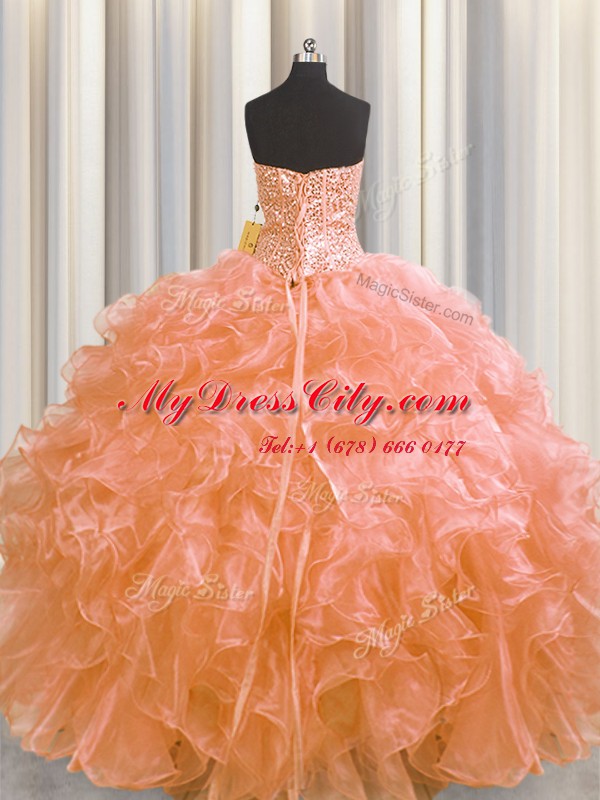 Adorable Visible Boning Orange Ball Gowns Beading and Ruffles Vestidos de Quinceanera Lace Up Organza Sleeveless Floor Length