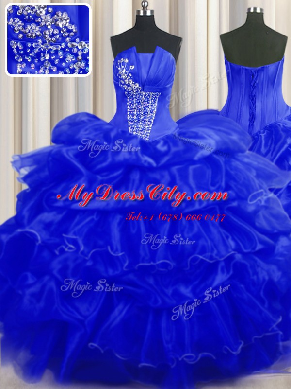 Royal Blue Sleeveless Beading and Ruffles and Pick Ups Floor Length Quince Ball Gowns