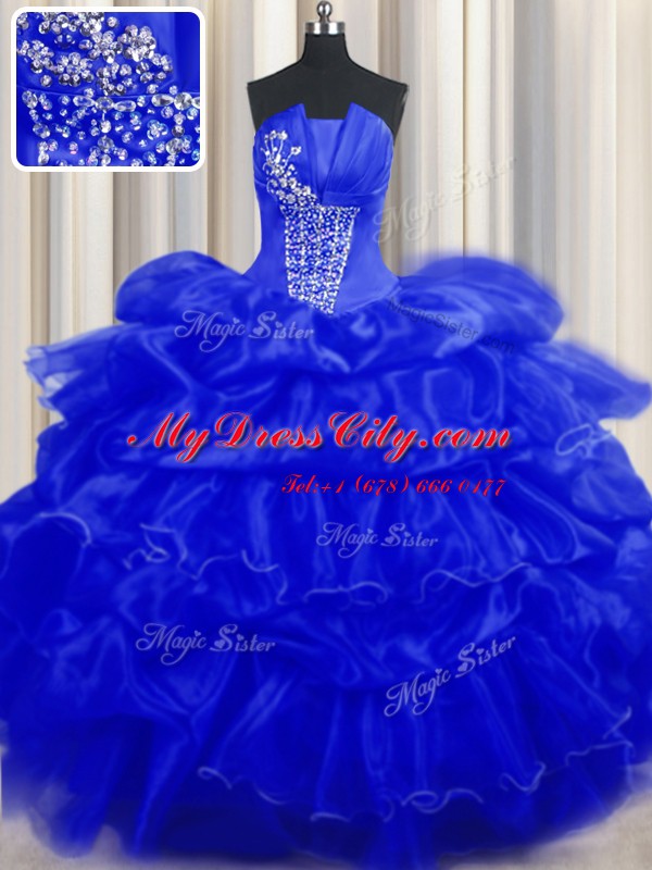 Royal Blue Sleeveless Beading and Ruffles and Pick Ups Floor Length Quince Ball Gowns