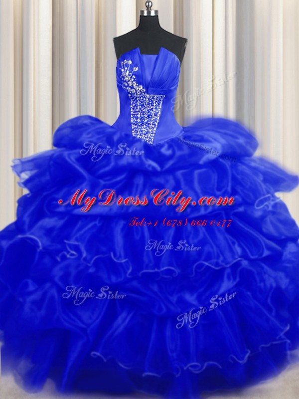 Royal Blue Sleeveless Beading and Ruffles and Pick Ups Floor Length Quince Ball Gowns