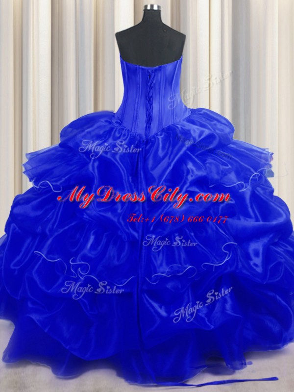 Royal Blue Sleeveless Beading and Ruffles and Pick Ups Floor Length Quince Ball Gowns