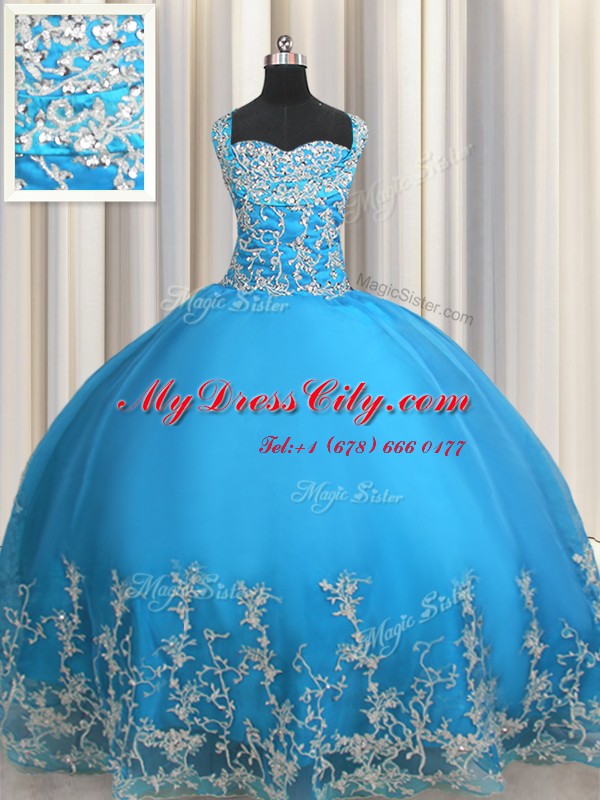 Dazzling Baby Blue Sleeveless Beading and Appliques Floor Length 15 Quinceanera Dress