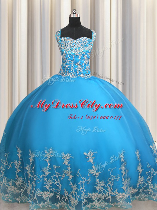 Dazzling Baby Blue Sleeveless Beading and Appliques Floor Length 15 Quinceanera Dress